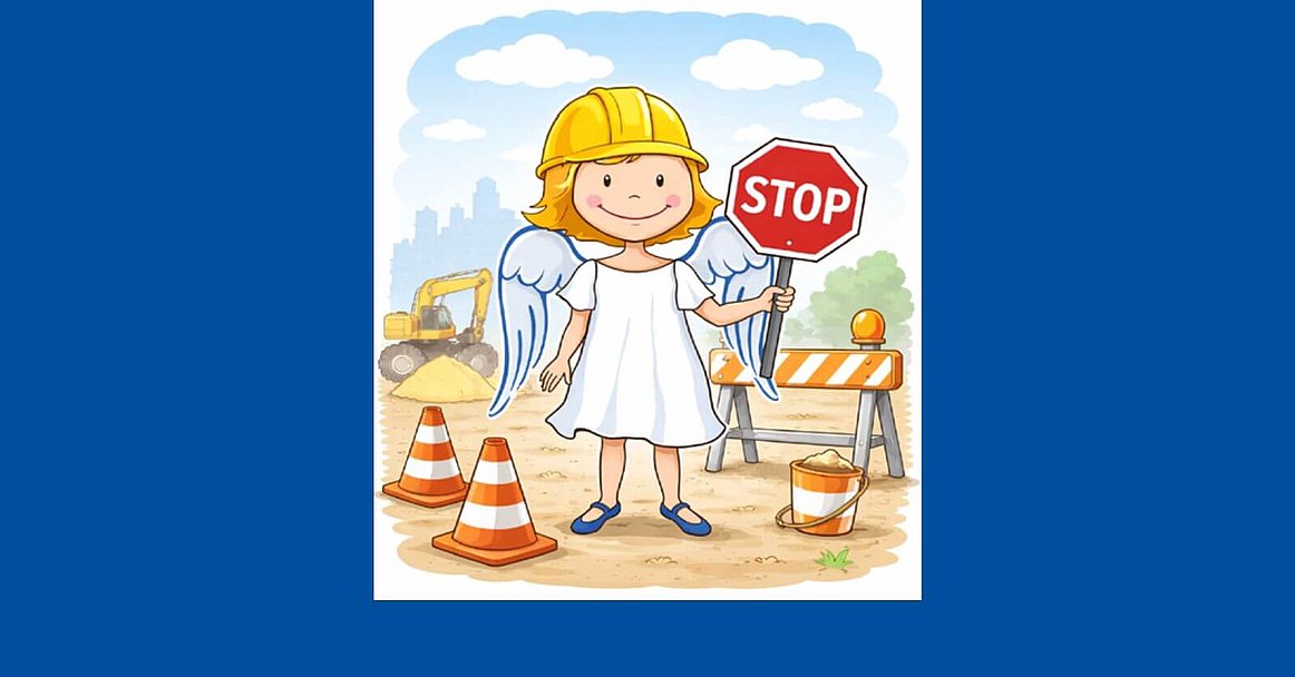 Ein gezeichneter Engel mit Bauarbeiterhelm und Stopp-Schild 